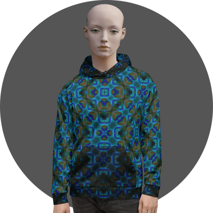 UN4RT dark teal all-over print hoodie, repeating symmetrical geometric mandala pattern in teal, blue and copper tones, kangaroo pocket, mannequin front view, grey circular background.