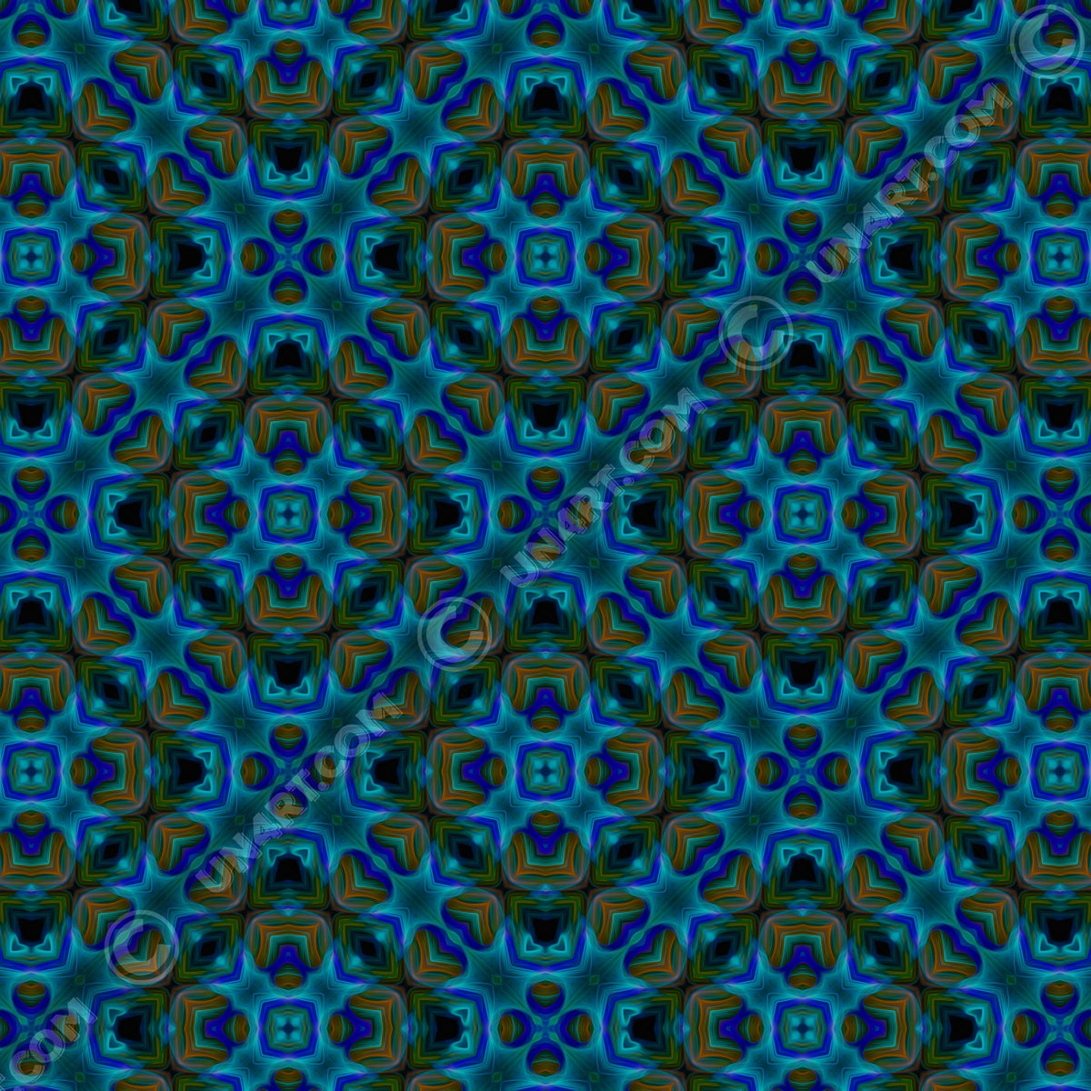 un4rt - the image shows a repeating pattern in bright and dark blue, dark orange and dirty green tones. the pattern includes star-shaped and rectangular elements. large square elements with broad contours overlay the pattern. the colors of the pattern are darkened within the contours of the squares. 
