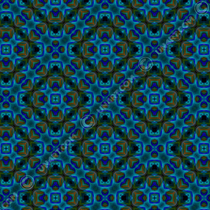 un4rt - the image shows a repeating pattern in bright and dark blue, dark orange and dirty green tones. the pattern includes star-shaped and rectangular elements. large square elements with broad contours overlay the pattern. the colors of the pattern are darkened within the contours of the squares. 
