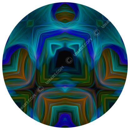 un4rt - the image shows a section of a repeating pattern in bright and dark blue, dark orange and dirty green tones. the pattern includes star-shaped and rectangular elements. the color lines are very fine and appear like an oil painting.