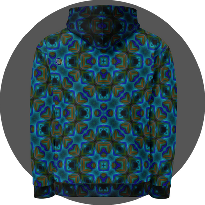 un4rt - the image shows the back of a hoodie with a repeating pattern in bright and dark blue, dark orange and dirty green tones. the pattern includes star-shaped and rectangular elements. large square elements with broad contours overlay the pattern. the colors of the pattern are darkened within the contours of the squares. 