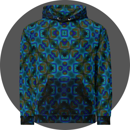 un4rt - the image shows the front of a hoodie with a repeating pattern in bright and dark blue, dark orange and dirty green tones. the pattern includes star-shaped and rectangular elements. large square elements with broad contours overlay the pattern. the colors of the pattern are darkened within the contours of the squares. 