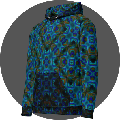 un4rt - the image shows the left front of a hoodie with a repeating pattern in bright and dark blue, dark orange and dirty green tones. the pattern includes star-shaped and rectangular elements. large square elements with broad contours overlay the pattern. the colors of the pattern are darkened within the contours of the squares. 