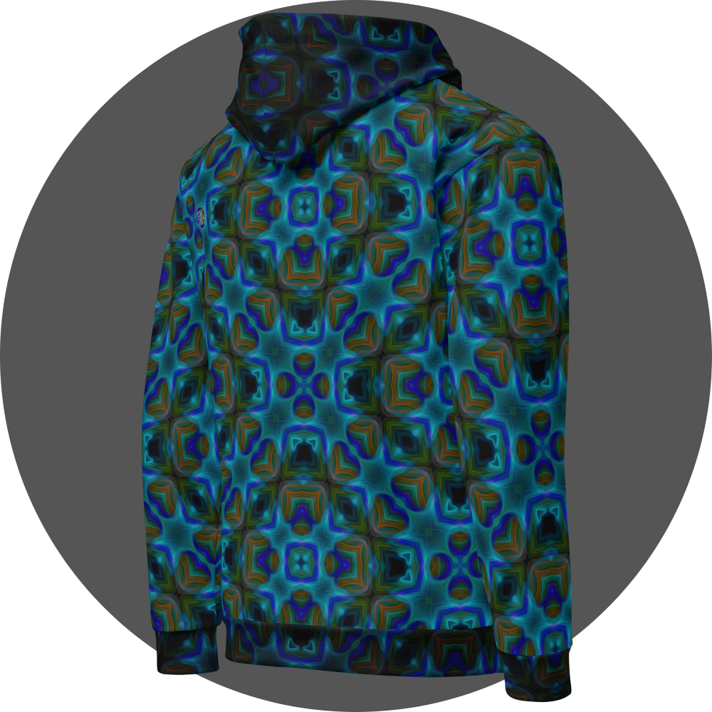 un4rt - the image shows the right back of a hoodie with a repeating pattern in bright and dark blue, dark orange and dirty green tones. the pattern includes star-shaped and rectangular elements. large square elements with broad contours overlay the pattern. the colors of the pattern are darkened within the contours of the squares. 