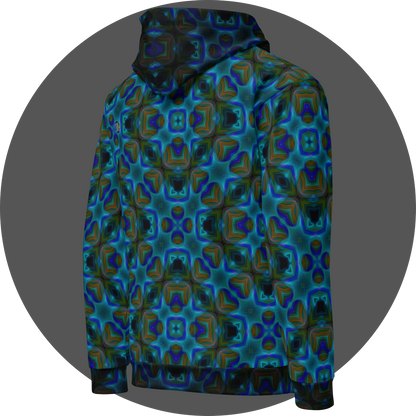 un4rt - the image shows the right back of a hoodie with a repeating pattern in bright and dark blue, dark orange and dirty green tones. the pattern includes star-shaped and rectangular elements. large square elements with broad contours overlay the pattern. the colors of the pattern are darkened within the contours of the squares. 