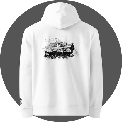 un4rt - the image shows the back of a white cotton hoodie. the hoodie has a printed black drawing on the upper area that shows people who worship a dollar sign and a guard with a trumpet next to them. on the trumpet hangs a flag with the inscription "obey". on the left sleeve is a "UN4RT-logo embroidery. only a part of the logo is visible.