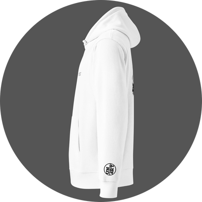 un4rt - the image shows the left side of a white cotton hoodie with a black print on the front and the back. a black "UN4RT"-logo embroidery on the left sleeve.