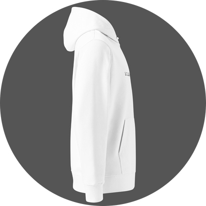 un4rt - the image shows the right side of a white cotton hoodie with a black print on the front.