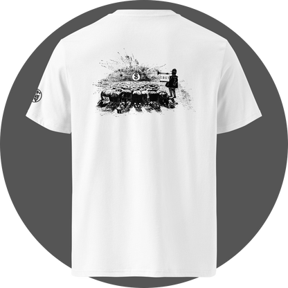 un4rt - the image shows the back of a white cotton t-shirt. the t-shirt has a printed black drawing on the upper area that shows people who worship a dollar sign and a guard with a trumpet next to them. on the trumpet hangs a flag with the inscription "obey". on the left sleeve is a printed "UN4RT-logo. only the lower part of the logo is visible.