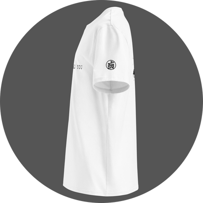 un4rt - the image shows the left side of a white cotton t-shirt with a black print on the front and the back. a black "UN4RT"-logo is printed on the left sleeve.
