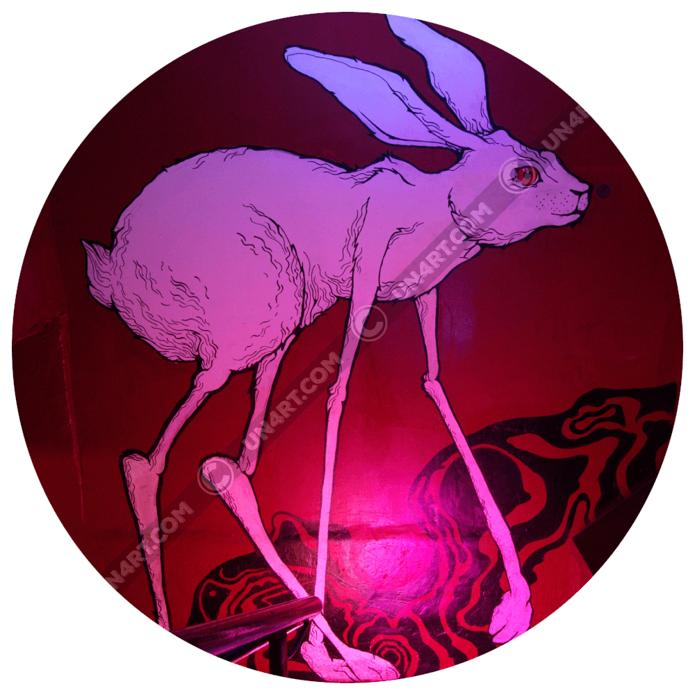 un4rt - gallery titel image of the "SINGUL4RTITIES"-gallery. the photographie shows a mural of a grotesque white rabbit with extraordinary long legs and a red eye. the main color of the wall is red. some psychedelich black curves on the bottom.