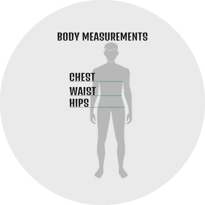 UN4RT size guide – body measurements diagram showing a grey full-body male silhouette with three teal horizontal measurement lines indicating CHEST, WAIST and HIPS positions with bold black labels on the left side, bold black title text reading BODY MEASUREMENTS on a light grey circular background