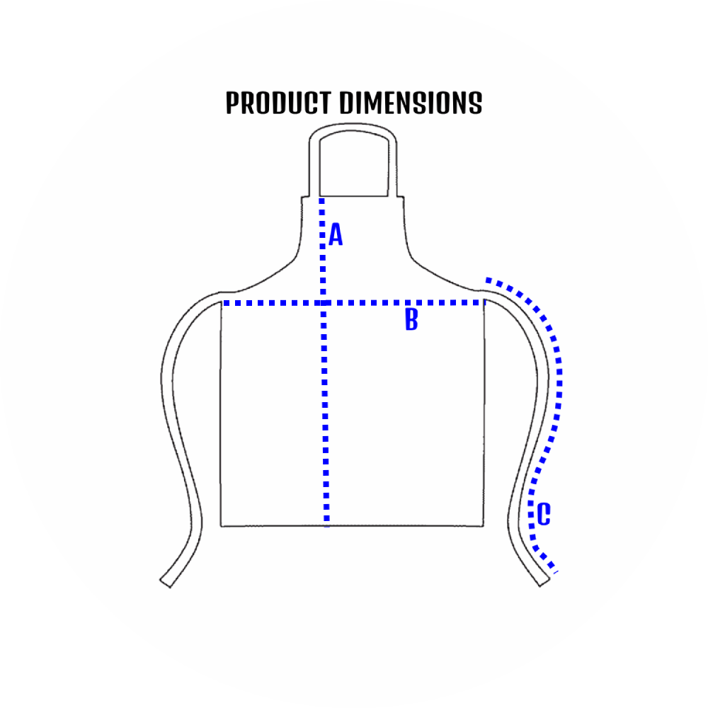 UN4RT size guide – product dimensions line drawing diagram of a bib apron with neck loop and two side ties showing three blue dotted measurement lines: A marking the bib height from neck to waist seam, B marking the full width across the waist and C marking the curved length of the side tie, bold black title text reading PRODUCT DIMENSIONS on a plain white background