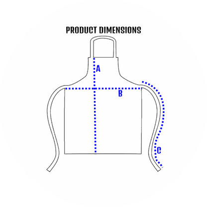 UN4RT size guide – product dimensions line drawing diagram of a bib apron with neck loop and two side ties showing three blue dotted measurement lines: A marking the bib height from neck to waist seam, B marking the full width across the waist and C marking the curved length of the side tie, bold black title text reading PRODUCT DIMENSIONS on a plain white background