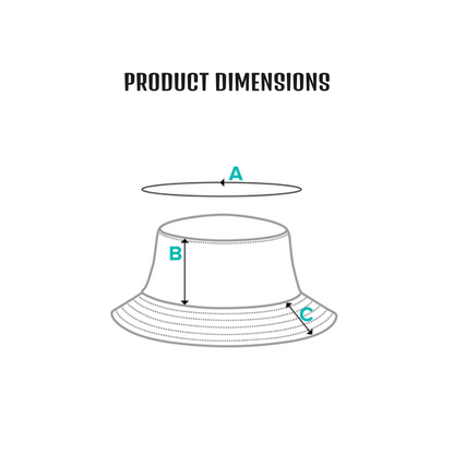 UN4RT size guide – product dimensions line drawing diagram of a bucket hat with wide stitched brim showing three teal measurement indicators: A marking the head opening diameter shown as a flat oval above the hat, B marking the crown height from top of brim to crown top and C marking the brim width on the right side, bold black title text reading PRODUCT DIMENSIONS on a plain white background