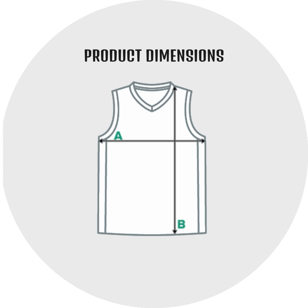 UN4RT size guide – product dimensions line drawing diagram of a sleeveless v-neck sports jersey with side panels showing two teal measurement indicators: A marking the chest width across the body at underarm level with a horizontal double-headed arrow and B marking the body length from the chest line down to the hem on the right side, bold black title text reading PRODUCT DIMENSIONS on a light grey circular background