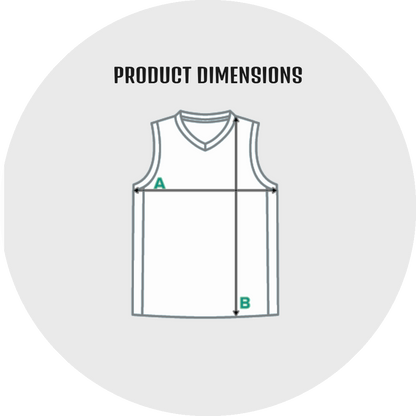 UN4RT size guide – product dimensions line drawing diagram of a sleeveless v-neck sports jersey with side panels showing two teal measurement indicators: A marking the chest width across the body at underarm level with a horizontal double-headed arrow and B marking the body length from the chest line down to the hem on the right side, bold black title text reading PRODUCT DIMENSIONS on a light grey circular background
