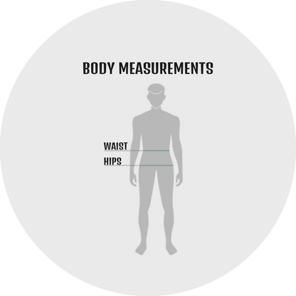UN4RT size guide – body measurements diagram showing a grey full-body male silhouette with two teal horizontal measurement lines indicating WAIST and HIPS positions with bold black labels on the left side, bold black title text reading BODY MEASUREMENTS on a light grey circular background