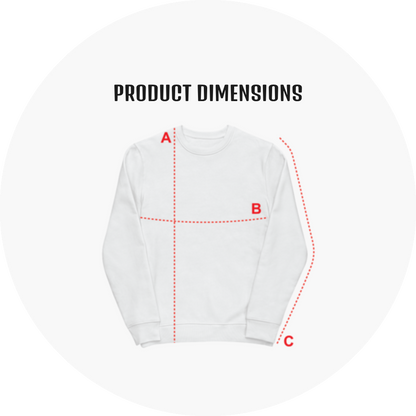 UN4RT size guide – product dimensions photograph of a plain white crew-neck sweatshirt with ribbed cuffs and hem laid flat showing three red dotted measurement lines: A marking the full body length from shoulder seam to hem running vertically down the centre, B marking the chest width across the body at underarm level running horizontally and C marking the sleeve length along the outside of the right arm from shoulder seam to cuff, bold black title text reading PRODUCT DIMENSIONS on a light grey circular ba