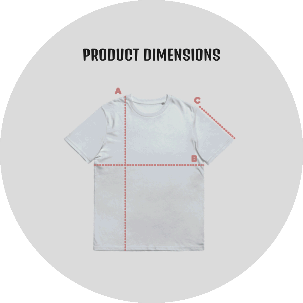 UN4RT size guide – product dimensions photograph of a plain light blue short-sleeve crew-neck t-shirt laid flat showing three red dotted measurement lines: A marking the full body length from shoulder seam to hem running vertically down the centre, B marking the chest width across the body at underarm level running horizontally and C marking the sleeve length diagonally from neck seam to sleeve cuff on the right shoulder, bold black title text reading PRODUCT DIMENSIONS on a light grey circular background