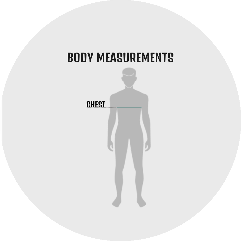 UN4RT size guide – body measurements diagram showing a grey full-body male silhouette with one grey horizontal dotted measurement line indicating CHEST position with a bold black label on the left side, bold black title text reading BODY MEASUREMENTS on a light grey circular background