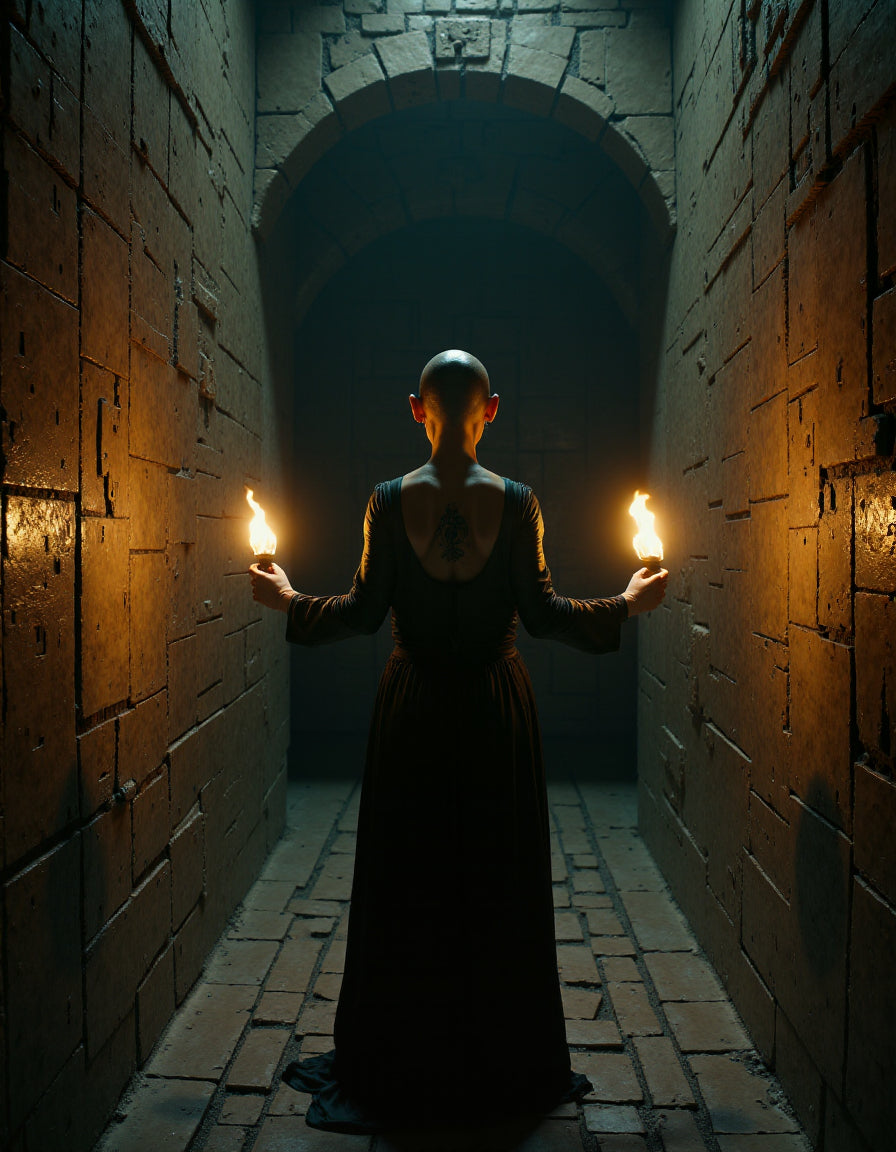 un4rt - a bald, tattooed woman dressed in black clothing holds a flaming torch in each hand and stands at the entrance to a dark labyrinth