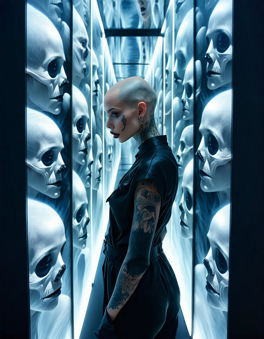 un4rt - a bald, tattooed woman dressed in black walks with her hands in her pockets down a corridor of mirrors where several cadaverous faces stare at her.