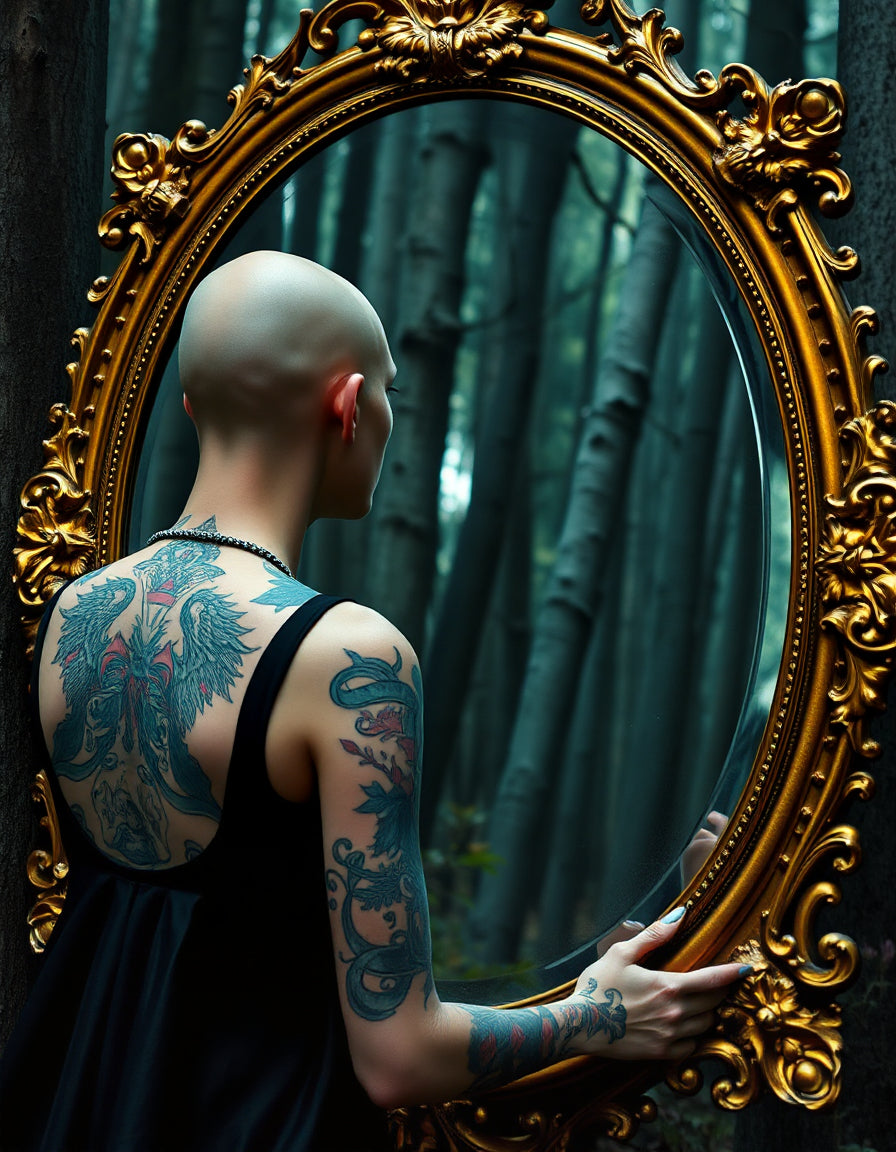 un4rt - a bald, tattooed woman dressed in black clothes stares at herself in a gold-framed mirror in the middle of a forest