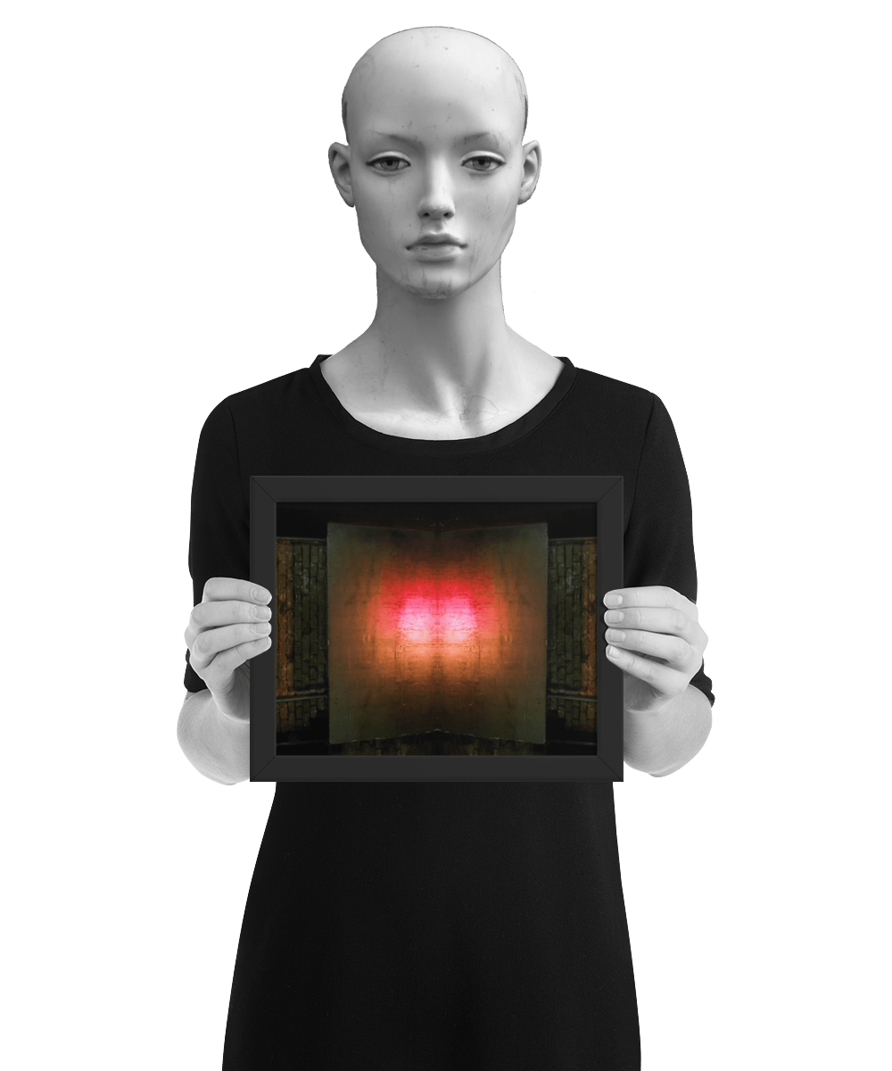 un4rt - the photographie is doubled and then mirrored to create the final image. the photographie shows a brick wall with a porch made of concrete. a steel pipe is coming out of the porch. the colors are mainly golden, but the center of the porch is reflecting light in the colors of orange, red and white. the image is framed and presented by a mannequin in black and white.