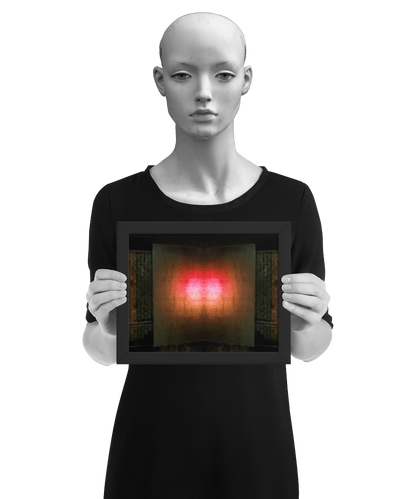 un4rt - the photographie is doubled and then mirrored to create the final image. the photographie shows a brick wall with a porch made of concrete. a steel pipe is coming out of the porch. the colors are mainly golden, but the center of the porch is reflecting light in the colors of orange, red and white. the image is framed and presented by a mannequin in black and white.