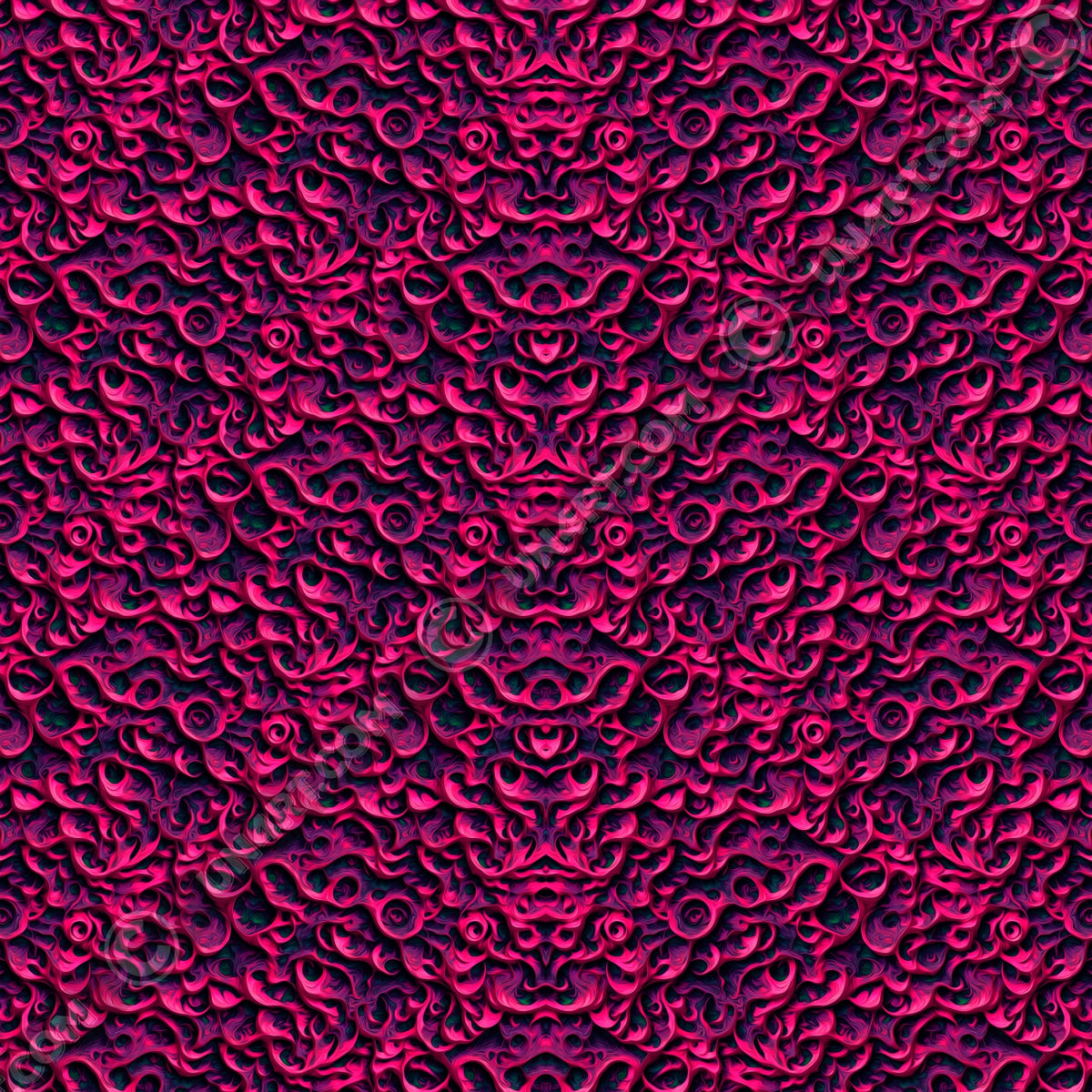un4rt - the image shows a vertical mirrored repeating pattern with three-dimensional wavy and wedge-shaped lines. the higher areas are pink, the lower areas purple. the lowest areas are green. the color gradients have the structure of an oil painting. 