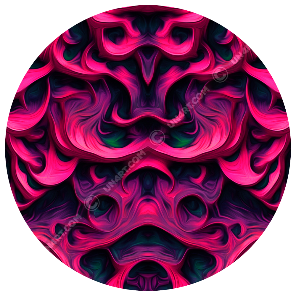 un4rt - the image shows a vertical mirrored repeating pattern with three-dimensional wavy and wedge-shaped lines. the higher areas are pink, the lower areas purple. the lowest areas are green. the color gradients have the structure of an oil painting. 