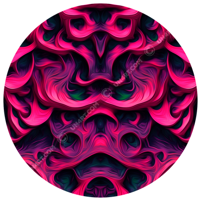 un4rt - the image shows a vertical mirrored repeating pattern with three-dimensional wavy and wedge-shaped lines. the higher areas are pink, the lower areas purple. the lowest areas are green. the color gradients have the structure of an oil painting. 