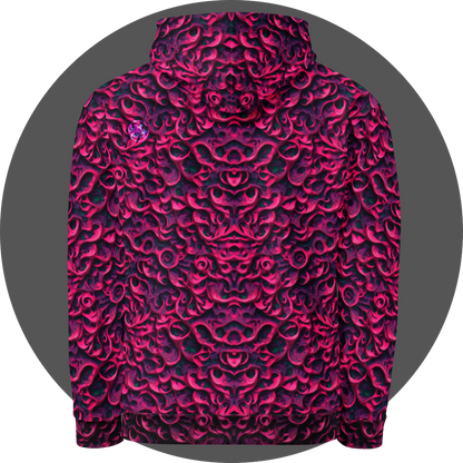un4rt - the image shows the back of a hoodie with a vertical mirrored repeating pattern with three-dimensional wavy and wedge-shaped lines. the higher areas are pink, the lower areas purple. the lowest areas are green. the color gradients have the structure of an oil painting. 