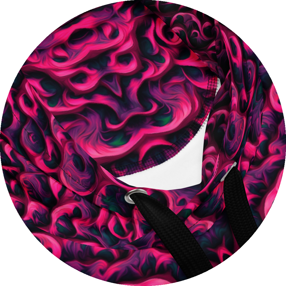un4rt - the image shows details of a hoodie with a vertical mirrored repeating pattern with three-dimensional wavy and wedge-shaped lines. the higher areas are pink, the lower areas purple. the lowest areas are green. the color gradients have the structure of an oil painting. 