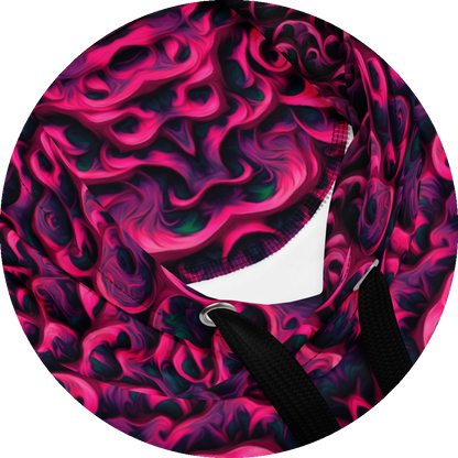 un4rt - the image shows details of a hoodie with a vertical mirrored repeating pattern with three-dimensional wavy and wedge-shaped lines. the higher areas are pink, the lower areas purple. the lowest areas are green. the color gradients have the structure of an oil painting. 