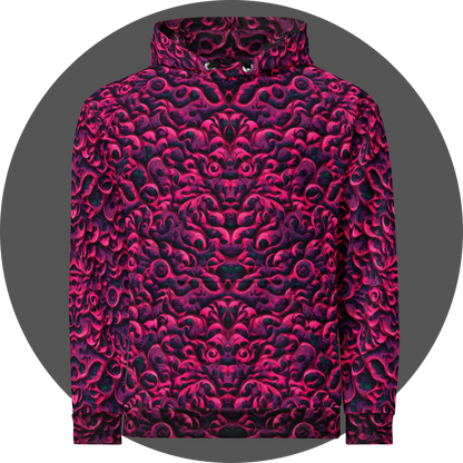 un4rt - the image shows the front of a hoodie with a vertical mirrored repeating pattern with three-dimensional wavy and wedge-shaped lines. the higher areas are pink, the lower areas purple. the lowest areas are green. the color gradients have the structure of an oil painting. 