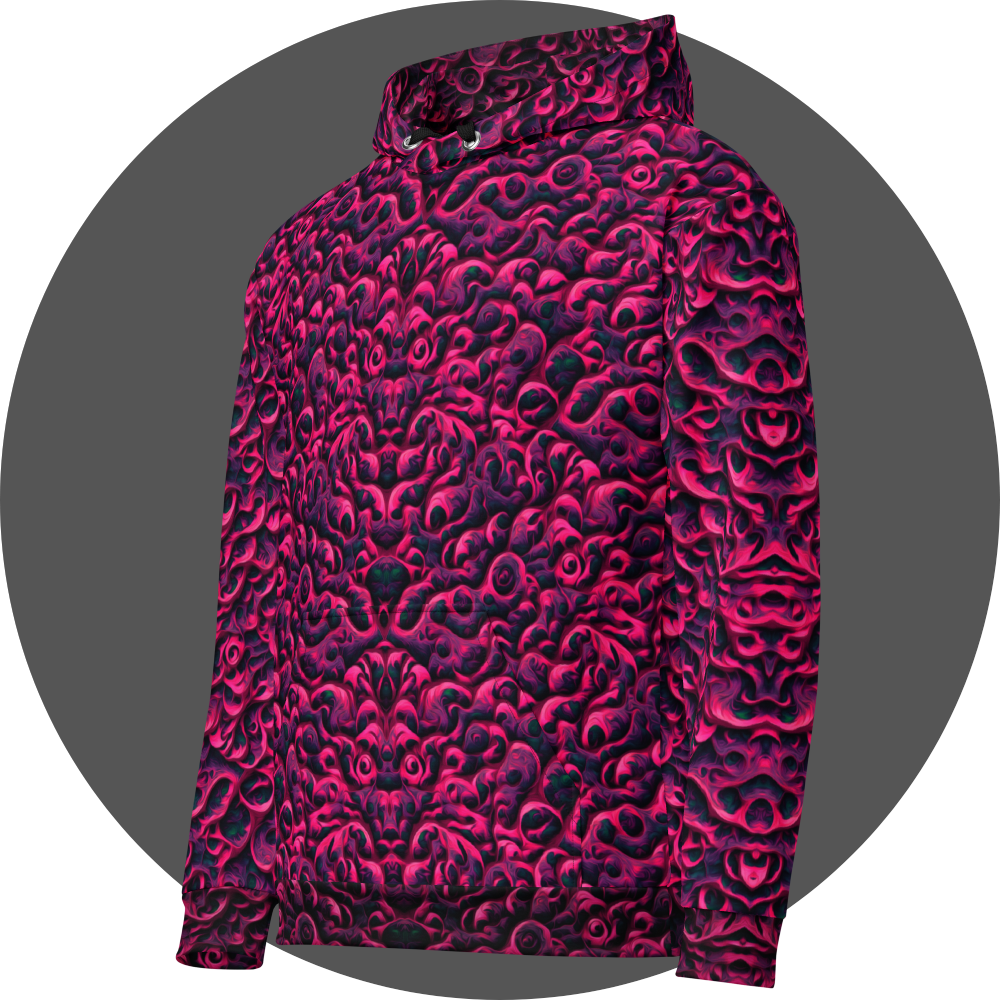 un4rt - the image shows the left front of a hoodie with a vertical mirrored repeating pattern with three-dimensional wavy and wedge-shaped lines. the higher areas are pink, the lower areas purple. the lowest areas are green. the color gradients have the structure of an oil painting. 