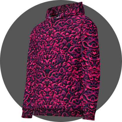 un4rt - the image shows the left front of a hoodie with a vertical mirrored repeating pattern with three-dimensional wavy and wedge-shaped lines. the higher areas are pink, the lower areas purple. the lowest areas are green. the color gradients have the structure of an oil painting. 