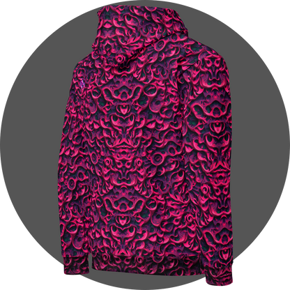 un4rt - the image shows the right back of a hoodie with a vertical mirrored repeating pattern with three-dimensional wavy and wedge-shaped lines. the higher areas are pink, the lower areas purple. the lowest areas are green. the color gradients have the structure of an oil painting. 