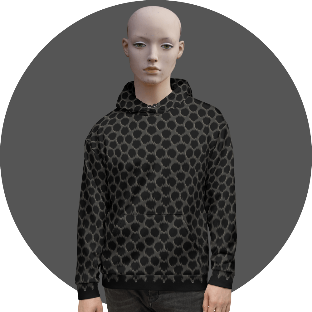 UN4RT black all-over print hoodie, dense dark GREY and black honeycomb leopard spot pattern with textured fur-like edges, kangaroo pocket, mannequin front view, grey circular background.