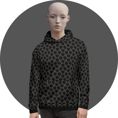 UN4RT black all-over print hoodie, dense dark GREY and black honeycomb leopard spot pattern with textured fur-like edges, kangaroo pocket, mannequin front view, grey circular background.