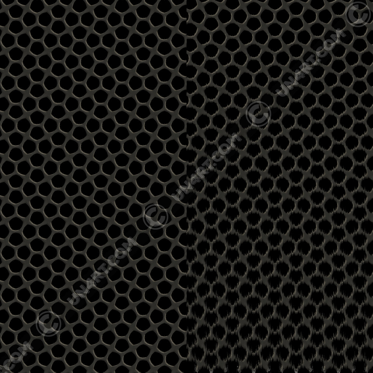 un4rt - the image is splittes vertical. both sides show the same repeating pattern, but a wind-effect is added on the right side. the pattern shows a grid with pentagonal cut-outs. the background is black, the grid is grey with decent white shadows.