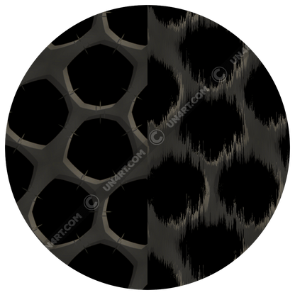 un4rt - the image is splittes vertical. both sides show the same repeating pattern, but a wind-effect is added on the right side. the pattern shows a grid with pentagonal cut-outs. the background is black, the grid is grey with decent white shadows.