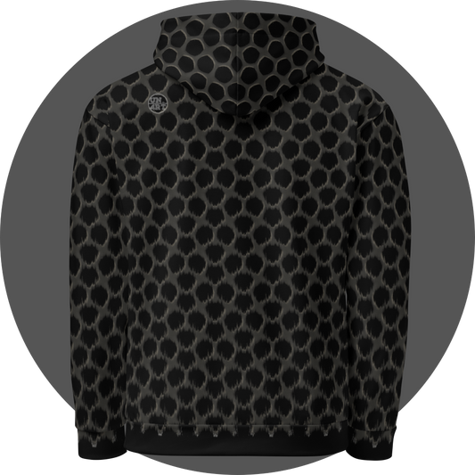 un4rt - the image shows the back of a hoodie with a repeating pattern. a strong wind-effect is added on the bottom, but becomes less effective the closer the pattern reaches the top. the pattern shows a grid with pentagonal cut-outs. the background is black, the grid is grey with decent white shadows.