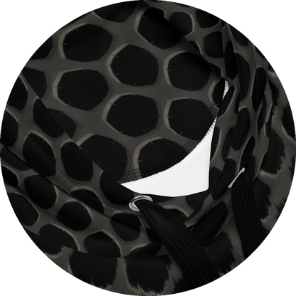 un4rt - the image shows details of a hoodie with a repeating pattern. a strong wind-effect is added on the bottom, but becomes less effective the closer the pattern reaches the top. the pattern shows a grid with pentagonal cut-outs. the background is black, the grid is grey with decent white shadows.