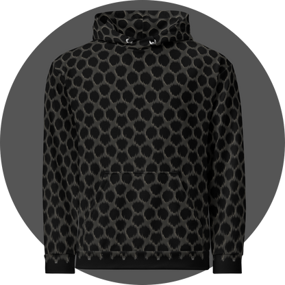 un4rt - the image shows the front of a hoodie with a repeating pattern. a strong wind-effect is added on the bottom, but becomes less effective the closer the pattern reaches the top. the pattern shows a grid with pentagonal cut-outs. the background is black, the grid is grey with decent white shadows.