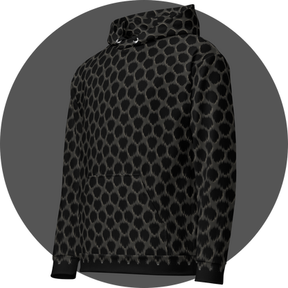 un4rt - the image shows the left front of a hoodie with a repeating pattern. a strong wind-effect is added on the bottom, but becomes less effective the closer the pattern reaches the top. the pattern shows a grid with pentagonal cut-outs. the background is black, the grid is grey with decent white shadows.