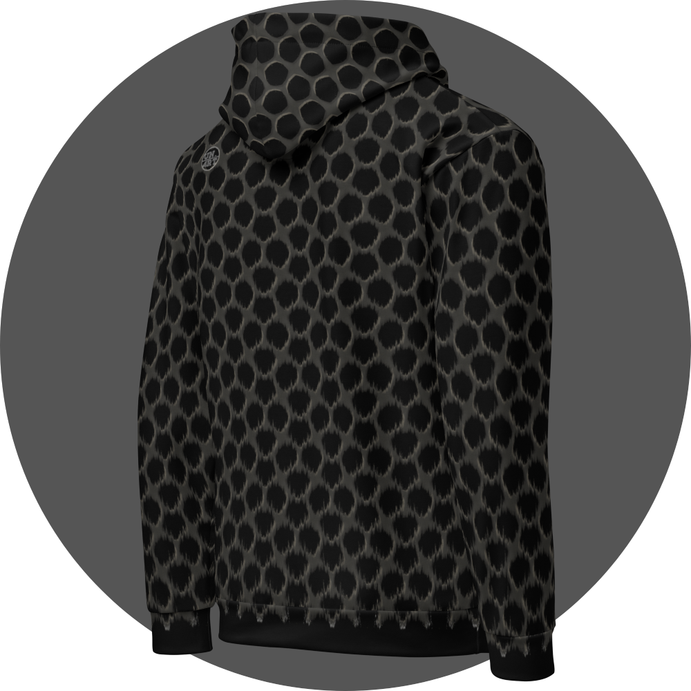 un4rt - the image shows the right back of a hoodie with a repeating pattern. a strong wind-effect is added on the bottom, but becomes less effective the closer the pattern reaches the top. the pattern shows a grid with pentagonal cut-outs. the background is black, the grid is grey with decent white shadows.