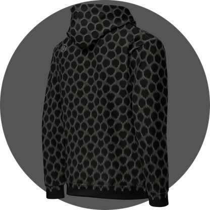 un4rt - the image shows the right back of a hoodie with a repeating pattern. a strong wind-effect is added on the bottom, but becomes less effective the closer the pattern reaches the top. the pattern shows a grid with pentagonal cut-outs. the background is black, the grid is grey with decent white shadows.